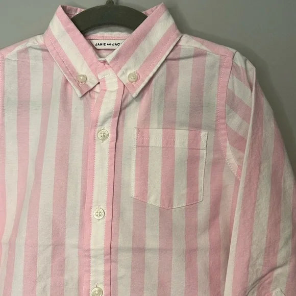 Janie and Jack Button Down Pink White Striped Oxford Shirt Top 3T